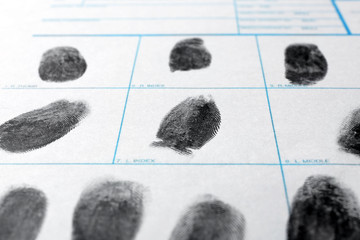 Police form with fingerprints, closeup. Forensic examination