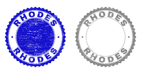 Grunge RHODES stamp seals isolated on a white background. Rosette seals with distress texture in blue and grey colors. Vector rubber stamp imprint of RHODES tag inside round rosette.