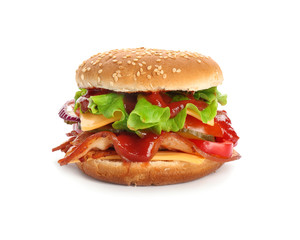 Tasty burger with bacon on white background