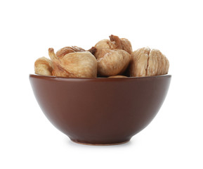 Bowl with figs on white background. Dried fruit as healthy food