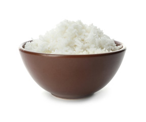Bowl of boiled rice on white background