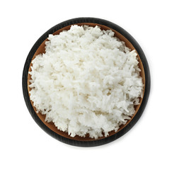 Bowl of boiled rice on white background, top view