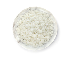 Fototapeta na wymiar Plate of boiled rice on white background, top view