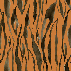Watercolor tiger stripes seamless pattern. Hand painted beautiful illustration with animal stripes isolated on orange background. For design, print, fabric or background.