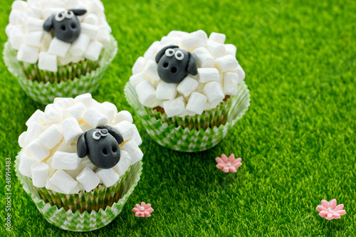 Easter Sheep Cupcakes On Green Grass Background Homemade Cup Cakes Shaped Funny Sheeps With Marshmallow