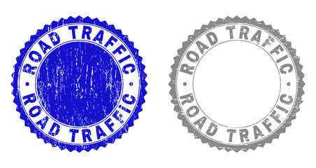 Grunge ROAD TRAFFIC stamp seals isolated on a white background. Rosette seals with grunge texture in blue and grey colors. Vector rubber stamp imprint of ROAD TRAFFIC caption inside round rosette.
