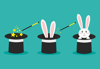Magician's black hat, magic hat with bunny ears. Vector flat illustration in cartoon style. © 4zevar