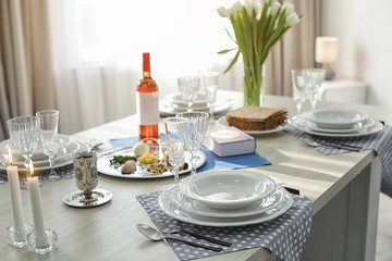Table served for Passover (Pesach) Seder indoors