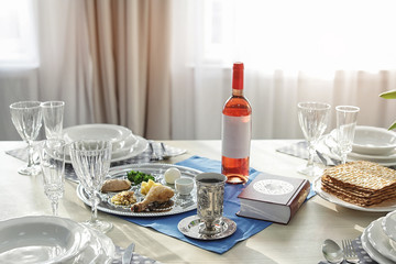 Table served for Passover (Pesach) Seder indoors