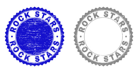 Grunge ROCK STARS stamp seals isolated on a white background. Rosette seals with distress texture in blue and gray colors. Vector rubber watermark of ROCK STARS label inside round rosette.