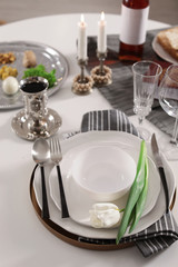 Festive traditional Passover table setting. Pesach celebration