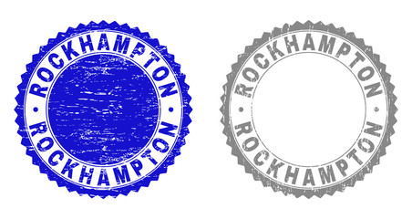 Grunge ROCKHAMPTON stamp seals isolated on a white background. Rosette seals with grunge texture in blue and gray colors. Vector rubber watermark of ROCKHAMPTON tag inside round rosette.
