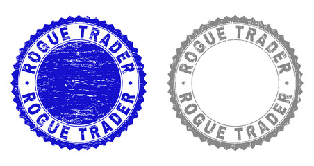 Obraz premium Grunge ROGUE TRADER stamp seals isolated on a white background. Rosette seals with grunge texture in blue and grey colors. Vector rubber stamp imitation of ROGUE TRADER caption inside round rosette.