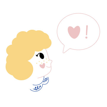 Profile of a young woman with speech bubble. Girl with heart. Cute love symbol