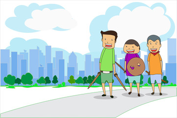 Boys went out to play wooden toys outside the building on a bright blue day. The air in the city is pure because of trees and gardens. Concept The city where fresh air illustration.-EPS10