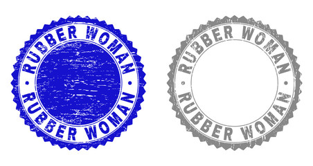 Grunge RUBBER WOMAN stamp seals isolated on a white background. Rosette seals with grunge texture in blue and grey colors. Vector rubber watermark of RUBBER WOMAN tag inside round rosette.