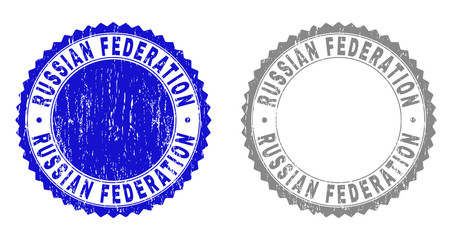 Grunge RUSSIAN FEDERATION stamp seals isolated on a white background. Rosette seals with grunge texture in blue and gray colors.