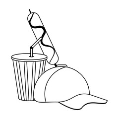 baseball hat soda cup and sausage stick black and white