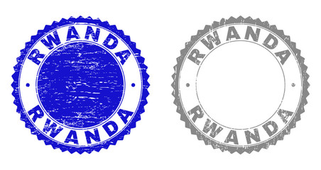 Grunge RWANDA stamp seals isolated on a white background. Rosette seals with grunge texture in blue and grey colors. Vector rubber stamp imitation of RWANDA label inside round rosette.