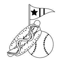 baseball ball hot dog and flag with star black and white