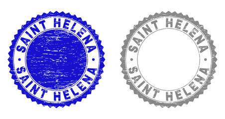 Grunge SAINT HELENA stamp seals isolated on a white background. Rosette seals with distress texture in blue and gray colors. Vector rubber stamp imprint of SAINT HELENA caption inside round rosette.