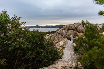 Felsig gr&uuml;ne Landschaft mit Blick aufs Meer und den Horizont