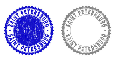 Grunge SAINT PETERSBURG stamp seals isolated on a white background. Rosette seals with distress texture in blue and grey colors.