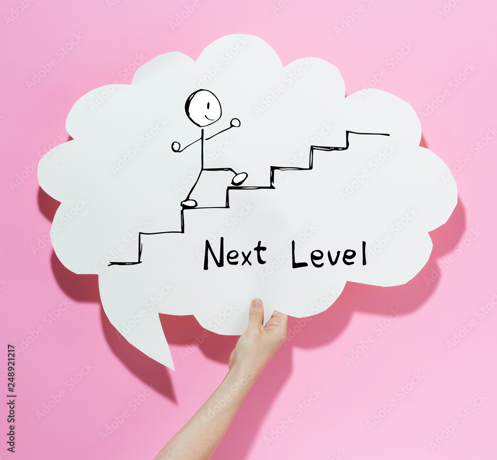 Poster next level concept with a speech bubble on a pink background