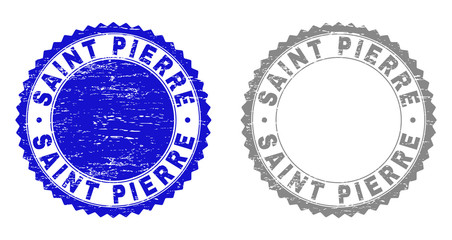 Grunge SAINT PIERRE stamp seals isolated on a white background. Rosette seals with grunge texture in blue and grey colors. Vector rubber stamp imitation of SAINT PIERRE caption inside round rosette.