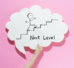 Next level concept with a speech bubble on a pink background