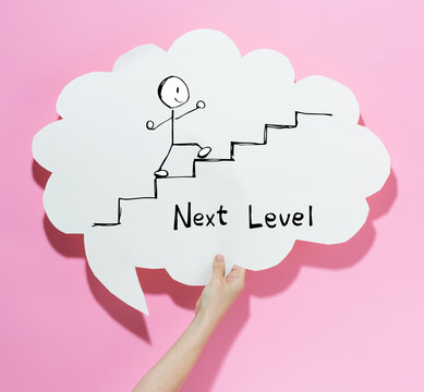 Next level concept with a speech bubble on a pink background