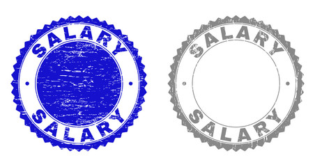 Grunge SALARY stamp seals isolated on a white background. Rosette seals with grunge texture in blue and grey colors. Vector rubber stamp imprint of SALARY tag inside round rosette.