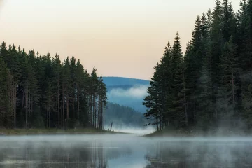 Papier Peint photo Lavable Forêt dans le brouillard Lac de montagne de conte de fées d& 39 une beauté impressionnante avec une eau cristalline Scène à couper le souffle.