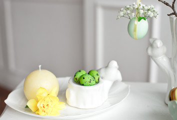 Happy Easter. Congratulatory easter background. Easter eggs and flowers.