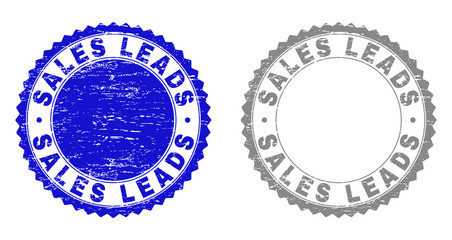 Grunge SALES LEADS stamp seals isolated on a white background. Rosette seals with grunge texture in blue and grey colors. Vector rubber stamp imprint of SALES LEADS title inside round rosette.