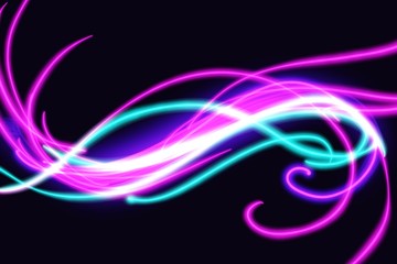 Electric Neon abstract lines, flourish, scribble writing lightning design on black background
