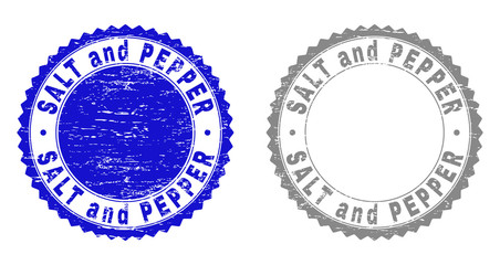 Grunge SALT AND PEPPER stamp seals isolated on a white background. Rosette seals with grunge texture in blue and gray colors.