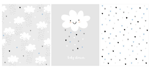 Fototapeta White Fluffy Smiling Cloud on a Light Gray Background. Simple Baby Shower Art. Cute Simple Baby Shower Vector Card and 2 Patterns.Rain of Hearts. Tiny Heart Pattern. Clouds and Rain Vector Design. obraz