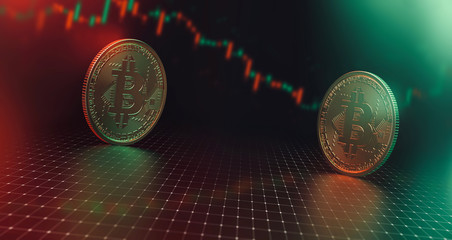 Bitcoin coins and trading chart scene (3D Illustration)