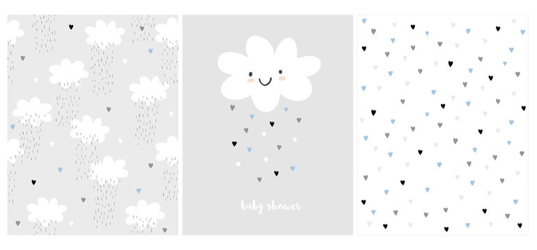 White Fluffy Smiling Cloud on a Light Gray Background. Simple Baby Shower Art. Cute Simple Baby Shower Vector Card and 2 Patterns.Rain of Hearts. Tiny Heart Pattern. Clouds and Rain Vector Design.