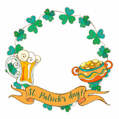 Clover wreath frame with beer and coins for Patrick's day.