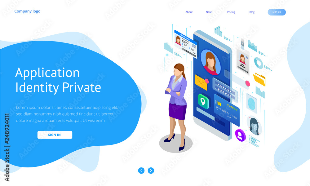 Poster isometric personal data information app, identity private concept. digital data secure banner. biome