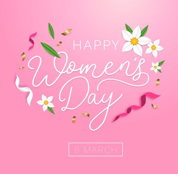 Happy women's day greeting card with flowers, ribbons and cute background. International women's day greeting card.Vector illustration