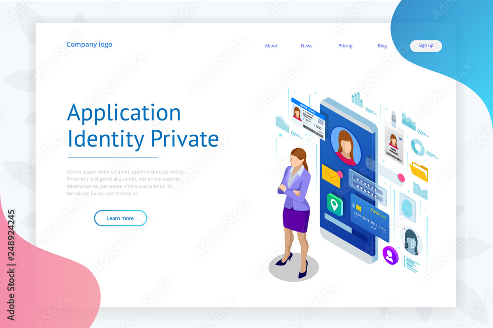 Poster isometric personal data information app, identity private concept. digital data secure banner. biome