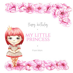 Cute girl with a frame of flowers. Watercolor illustration.