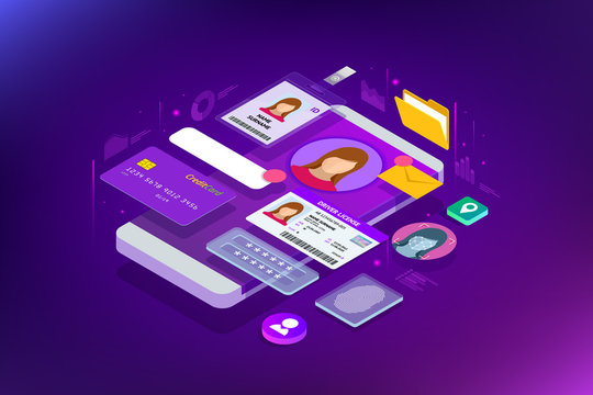 Isometric Personal Data Information App, Identity Private Concept. Digital data Secure Banner. Biometrics technology vector illustration for personal identity recognition and access authentication.