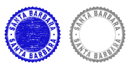 Grunge SANTA BARBARA stamp seals isolated on a white background. Rosette seals with grunge texture in blue and grey colors. Vector rubber stamp imitation of SANTA BARBARA title inside round rosette.