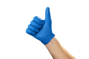 Hand in blue rubber glove showing gesture symbol, on white isolate.