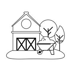 Farm house and wheelbarrow with ground black and white