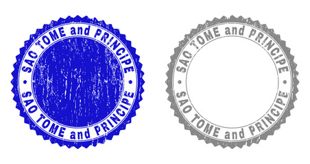 Grunge SAO TOME AND PRINCIPE stamp seals isolated on a white background. Rosette seals with distress texture in blue and gray colors.